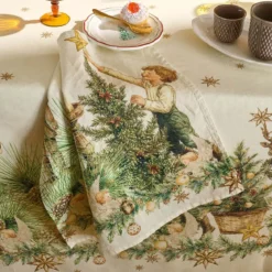 Nappe lin & coton lavé 150 g/m² imprimé beige vert Noel vintage dore