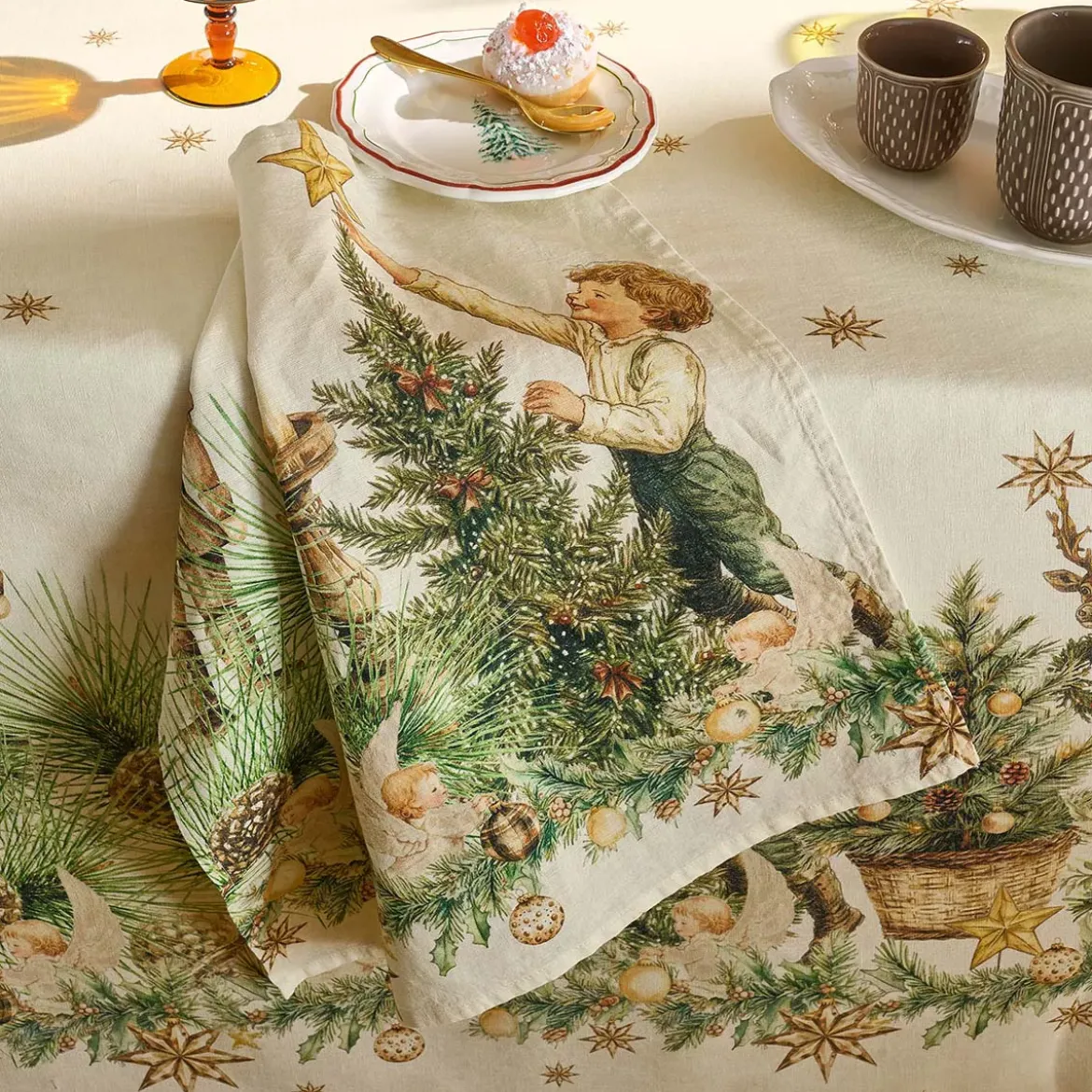 Nappe lin & coton lavé 150 g/m² imprimé beige vert Noel vintage dore