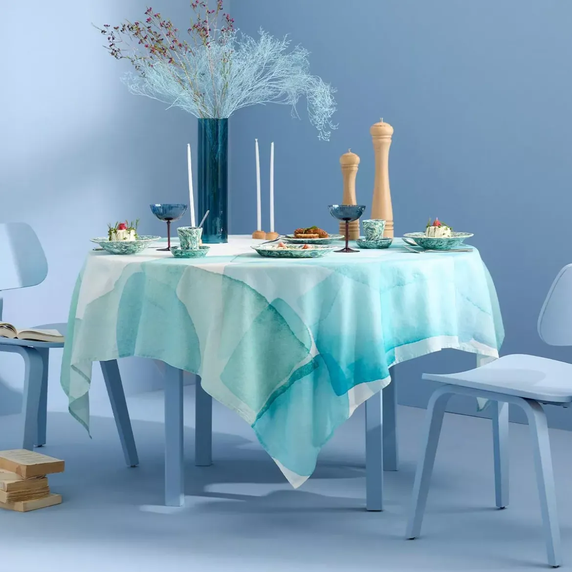 Nappe lin & coton lavé 150 g/m² imprimé bleu vert Aqua mineral
