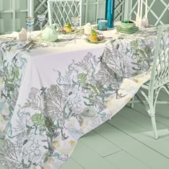Nappe lin & coton lavé 150 g/m² imprimé blanc bleu vert Balade marine verde