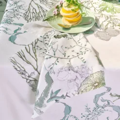 Nappe lin & coton lavé 150 g/m² imprimé blanc bleu vert Balade marine verde