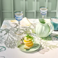 Nappe lin & coton lavé 150 g/m² imprimé blanc bleu vert Balade marine verde