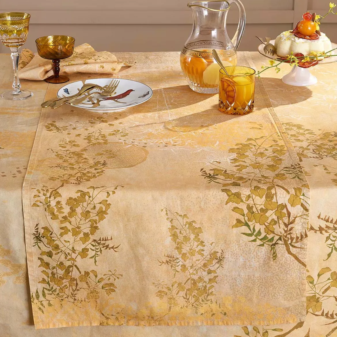 Nappe lin & coton lavé 190 g/m² imprimé jaune Soleil d'or dore