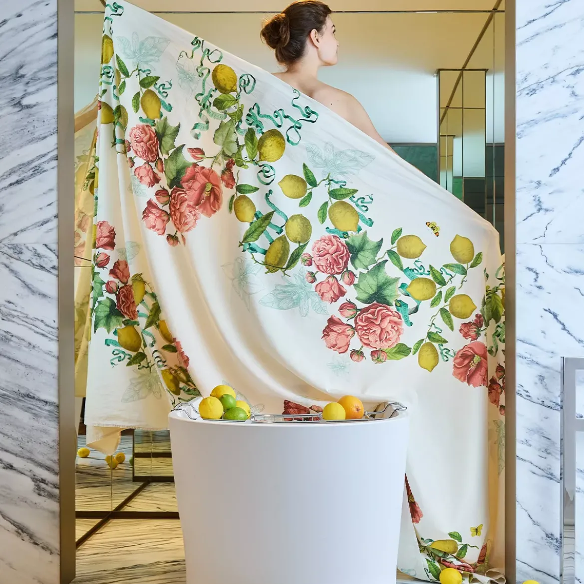 Nappe lin & coton lavé 190 g/m² imprimé multicolore Citrons de menton romance