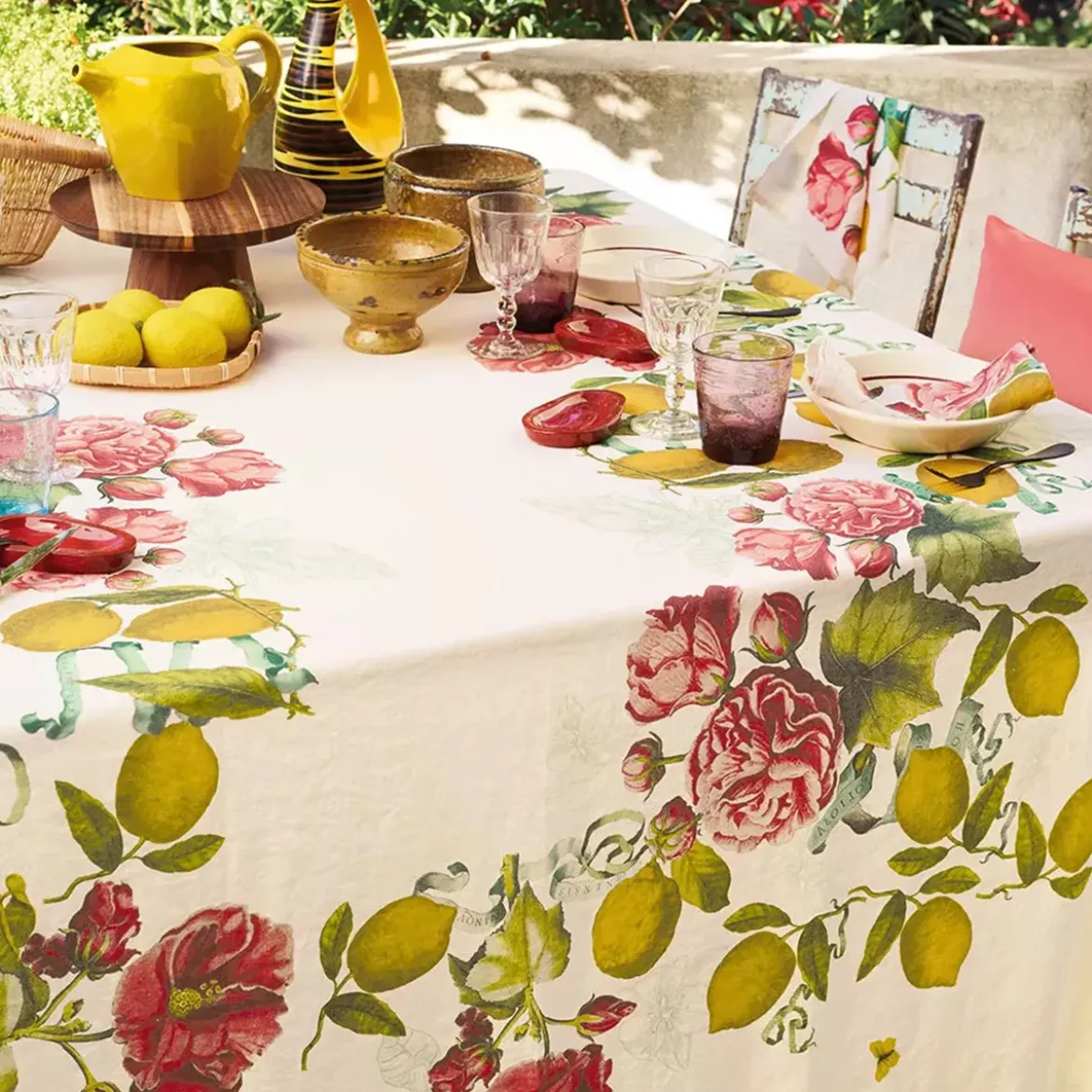 Nappe lin & coton lavé 190 g/m² imprimé multicolore Citrons de menton romance