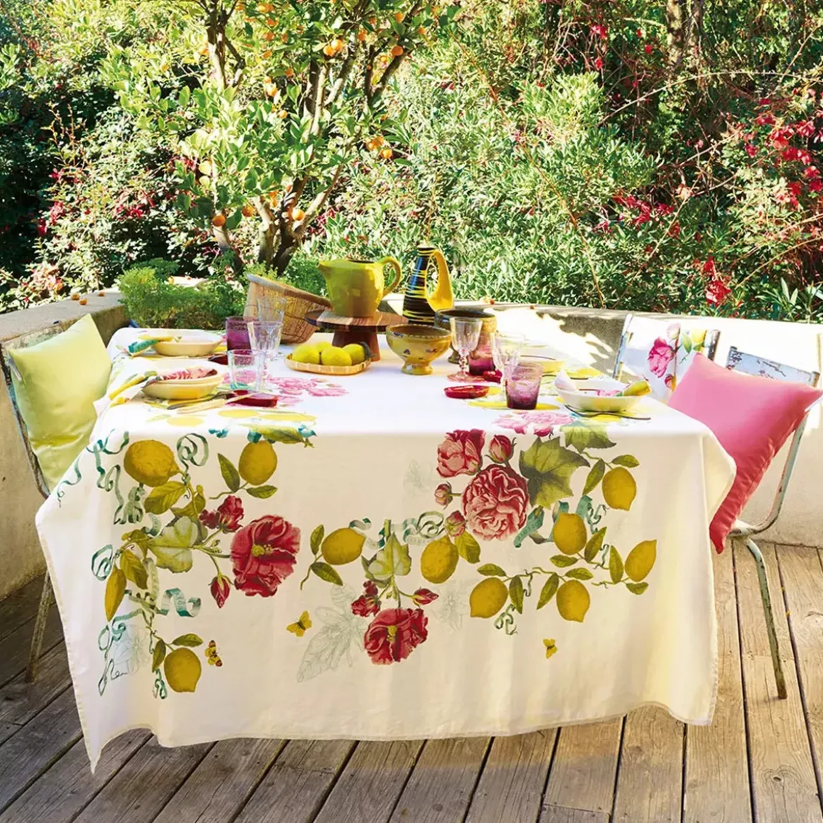 Nappe lin & coton lavé 190 g/m² imprimé multicolore Citrons de menton romance