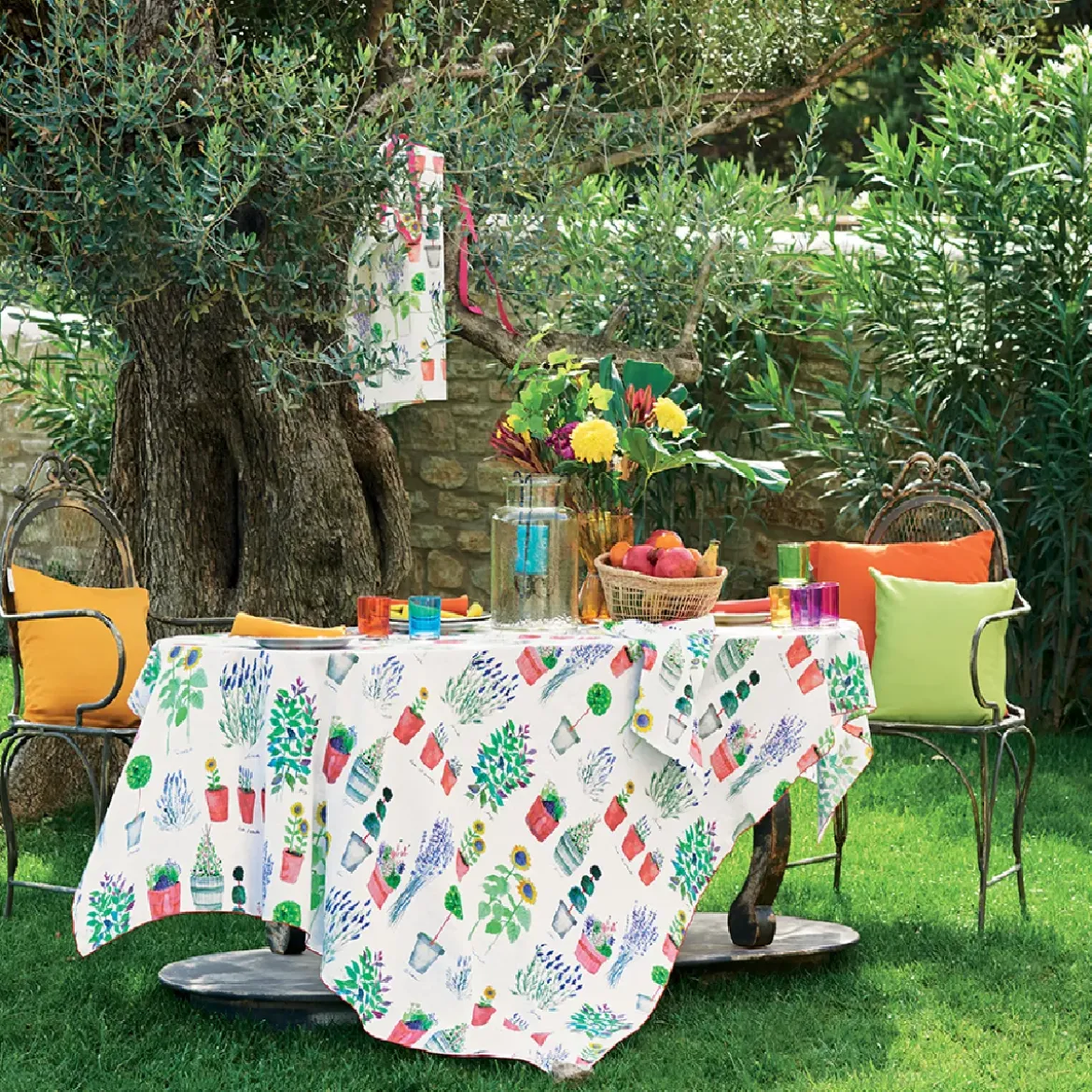 Nappe lin & coton lavé 150 g/m² imprimé multicolore Mille pepinieres floraison