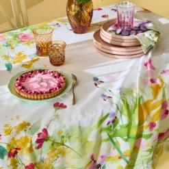 Nappe lin & coton lavé 150 g/m² imprimé rose jaune vert Souffle fleuri printemps