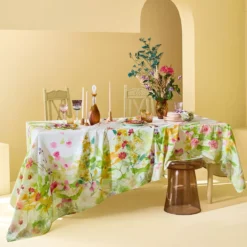 Nappe lin & coton lavé 150 g/m² imprimé rose jaune vert Souffle fleuri printemps