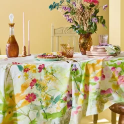 Nappe lin & coton lavé 150 g/m² imprimé rose jaune vert Souffle fleuri printemps