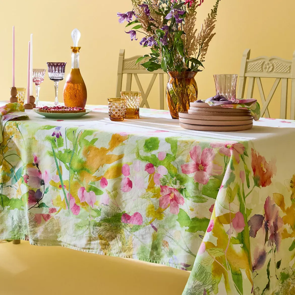 Nappe lin & coton lavé 150 g/m² imprimé rose jaune vert Souffle fleuri printemps