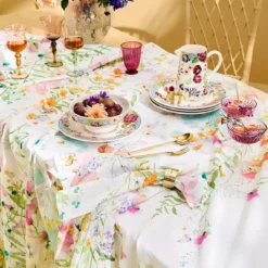 Nappe lin & coton lavé 150 g/m² imprimé rose vert Rosee du matin printemps