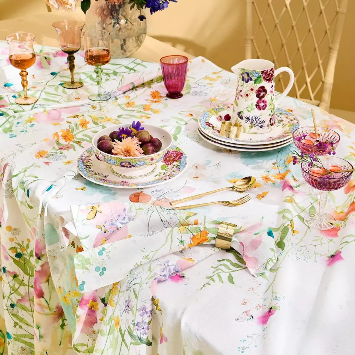 Nappe lin & coton lavé 150 g/m² imprimé rose vert Rosee du matin printemps