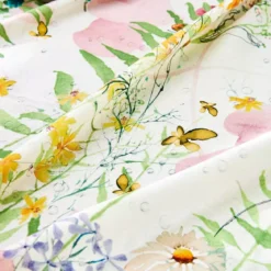 Nappe lin & coton lavé 150 g/m² imprimé rose vert Rosee du matin printemps