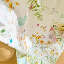 Nappe lin & coton lavé 150 g/m² imprimé rose vert Rosee du matin printemps