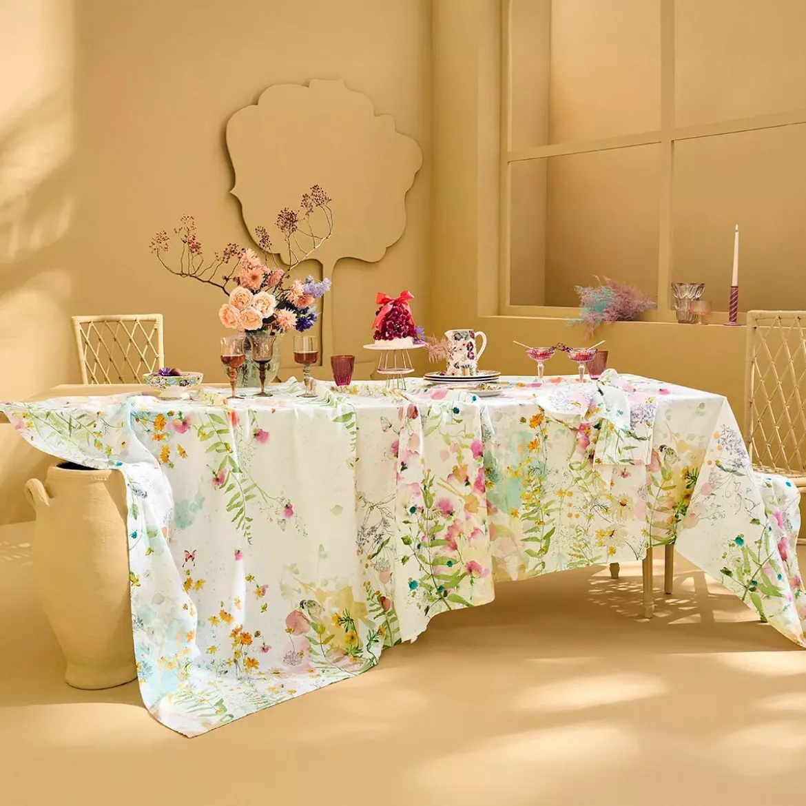 Nappe lin & coton lavé 150 g/m² imprimé rose vert Rosee du matin printemps