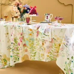 Nappe lin & coton lavé 150 g/m² imprimé rose vert Rosee du matin printemps