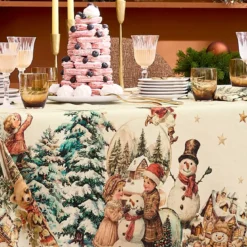 Nappe lin & coton lavé 150 g/m² imprimé vert rouge Bonhommes de neige vintage