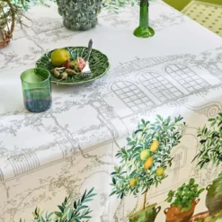 Nappe lin & coton lavé 190 g/m² imprimé vert marron Jardin provencal olive