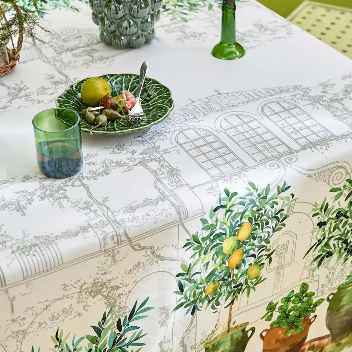 Nappe lin & coton lavé 190 g/m² imprimé vert marron Jardin provencal olive