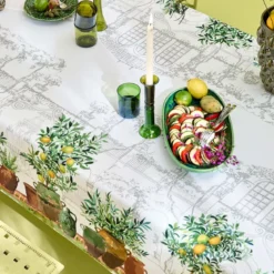 Nappe lin & coton lavé 190 g/m² imprimé vert marron Jardin provencal olive