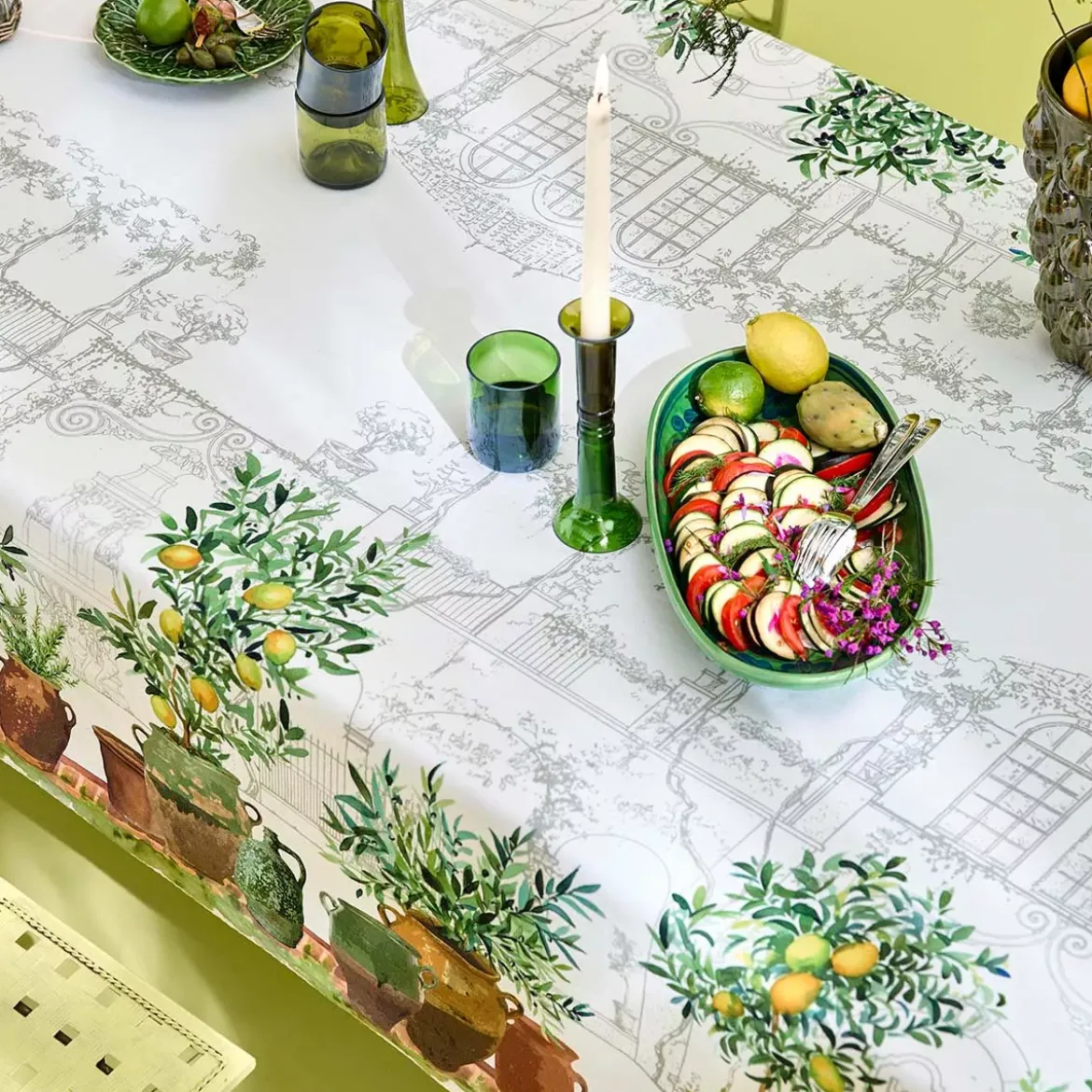 Nappe lin & coton lavé 190 g/m² imprimé vert marron Jardin provencal olive