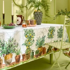 Nappe lin & coton lavé 190 g/m² imprimé vert marron Jardin provencal olive