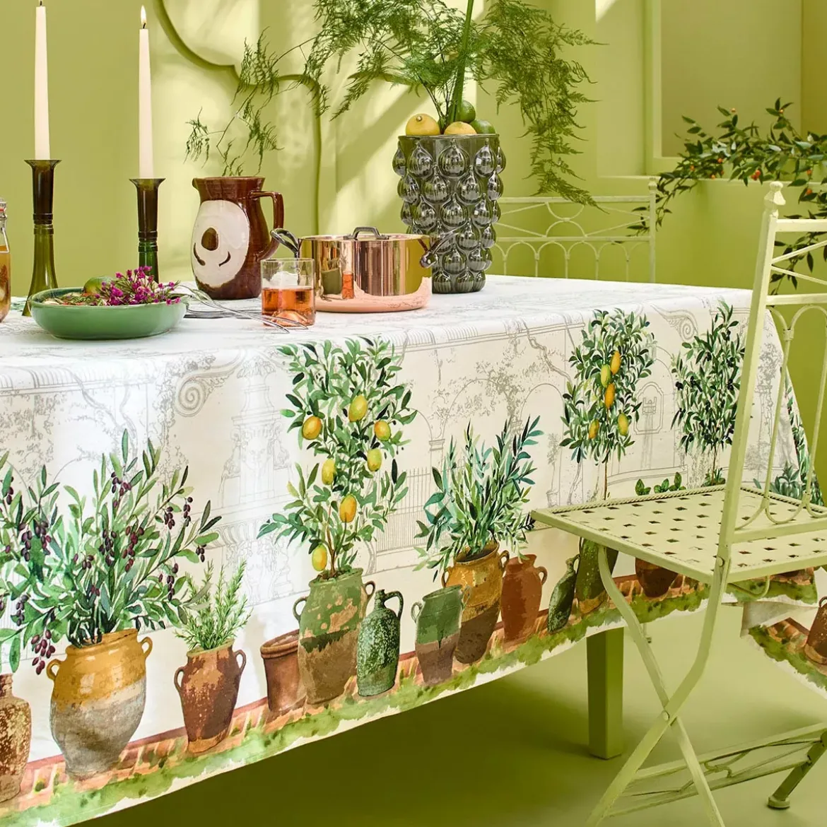 Nappe lin & coton lavé 190 g/m² imprimé vert marron Jardin provencal olive