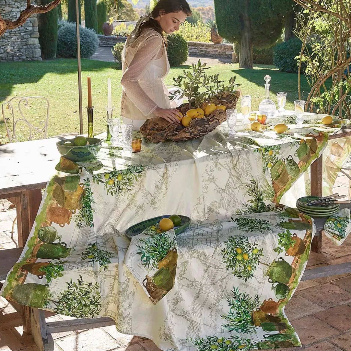 Nappe lin & coton lavé 190 g/m² imprimé vert marron Jardin provencal olive