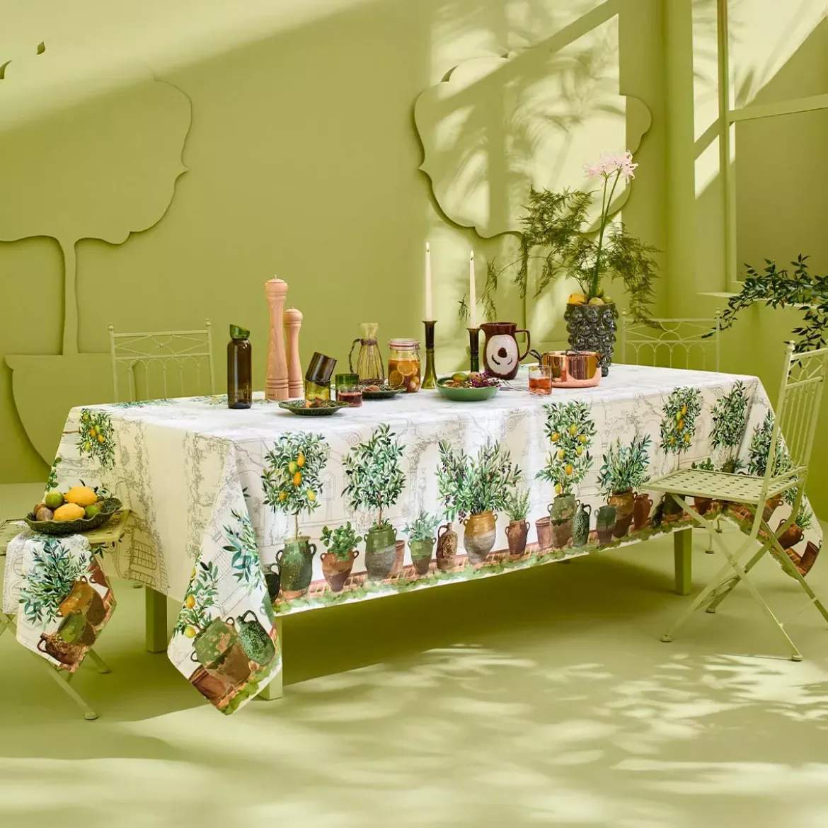 Nappe lin & coton lavé 190 g/m² imprimé vert marron Jardin provencal olive