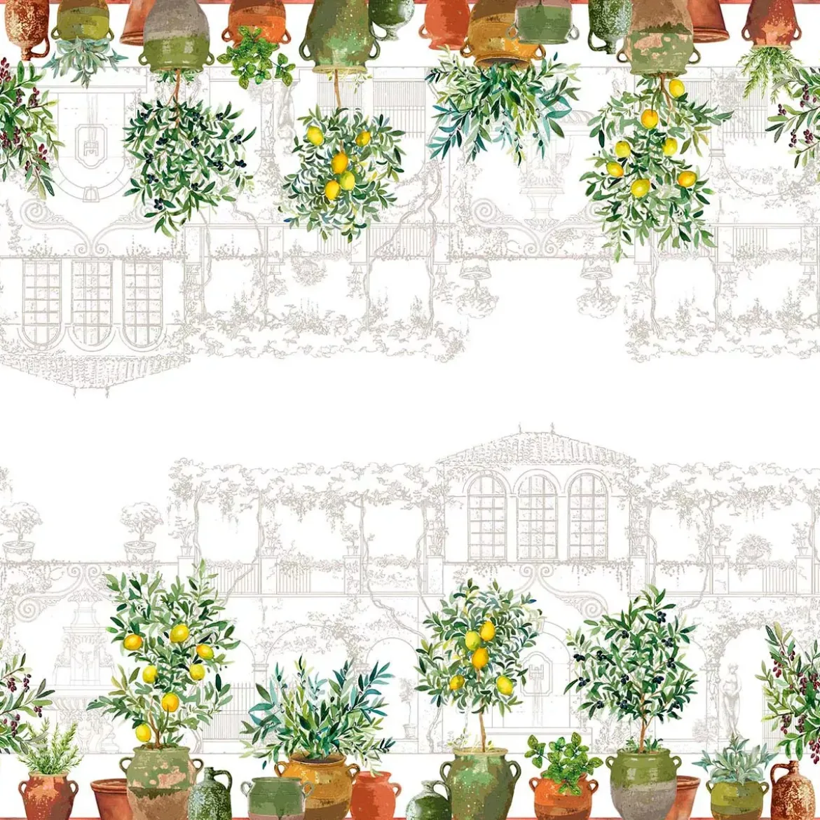 Nappe lin & coton lavé 190 g/m² imprimé vert marron Jardin provencal olive