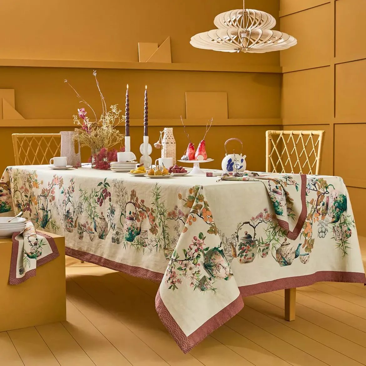 Nappe lin & coton lavé 190 g/m² imprimé vert orange Theieres rouille