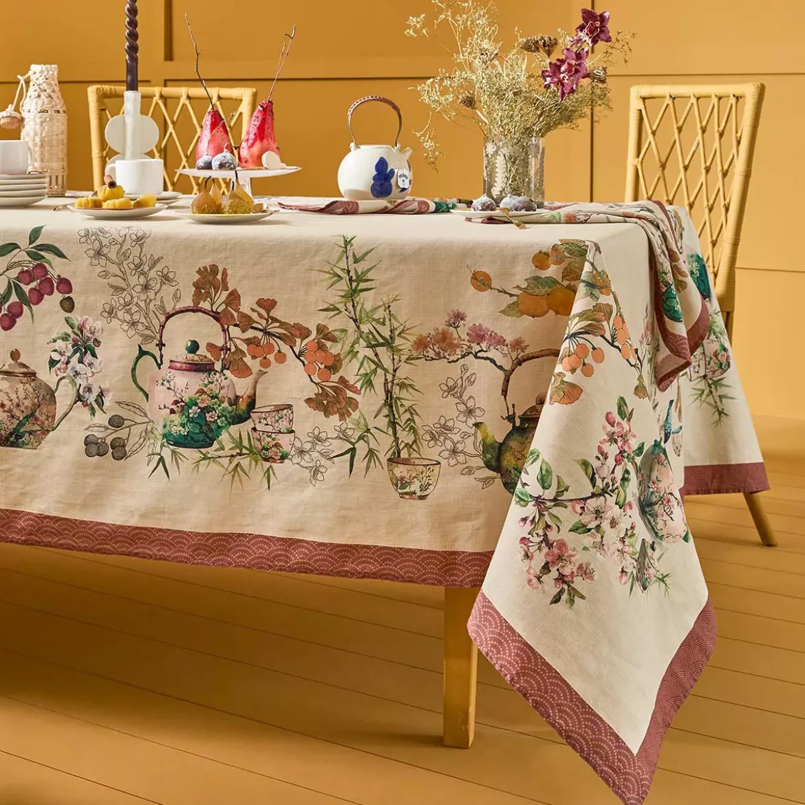 Nappe lin & coton lavé 190 g/m² imprimé vert orange Theieres rouille