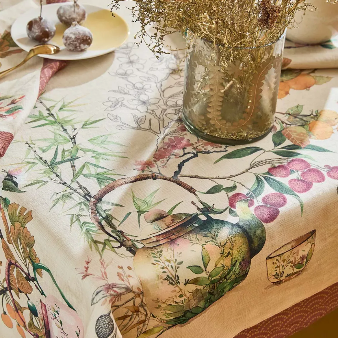 Nappe lin & coton lavé 190 g/m² imprimé vert orange Theieres rouille