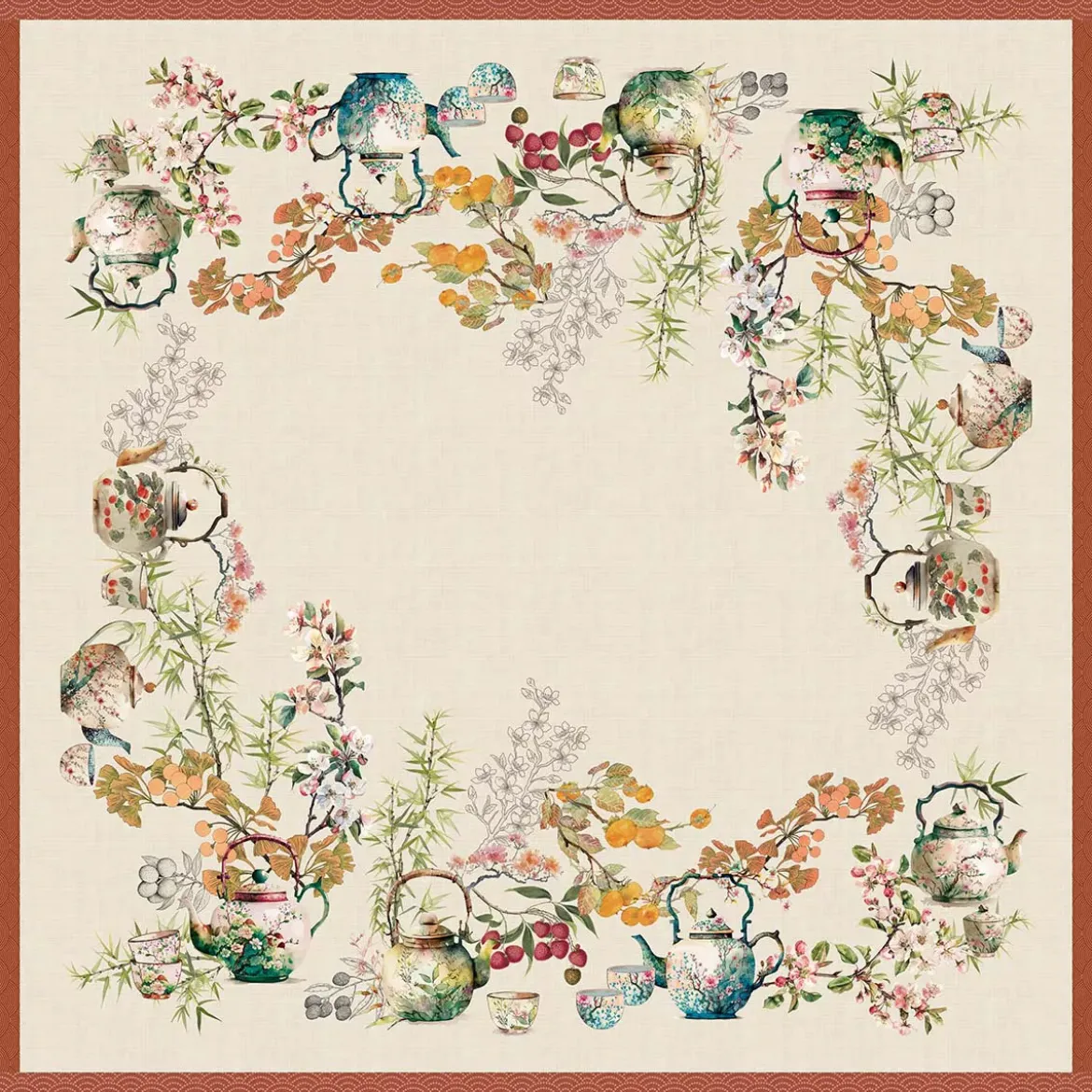 Nappe lin & coton lavé 190 g/m² imprimé vert orange Theieres rouille
