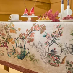 Nappe lin & coton lavé 190 g/m² imprimé vert orange Theieres rouille
