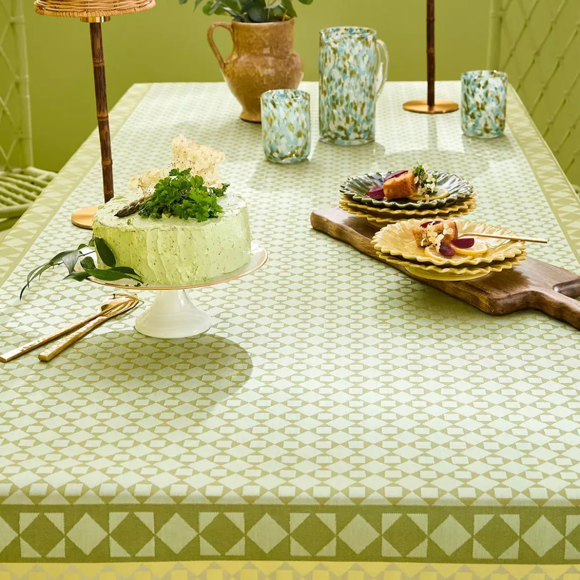 Nappe pur coton antitache 220 g/m² motif jacquard vert Le sud vert