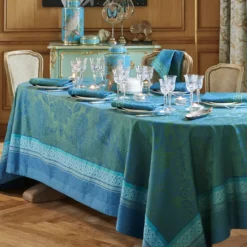 Nappe pur coton antitache motif jacquard bleu Isaphire emeraude