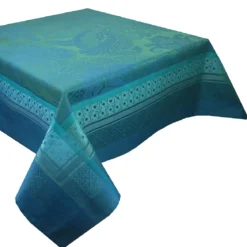 Nappe pur coton antitache motif jacquard bleu Isaphire emeraude