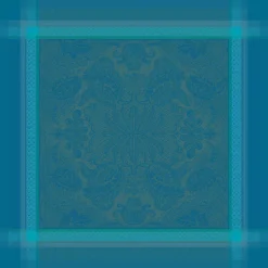 Nappe pur coton antitache motif jacquard bleu Isaphire emeraude