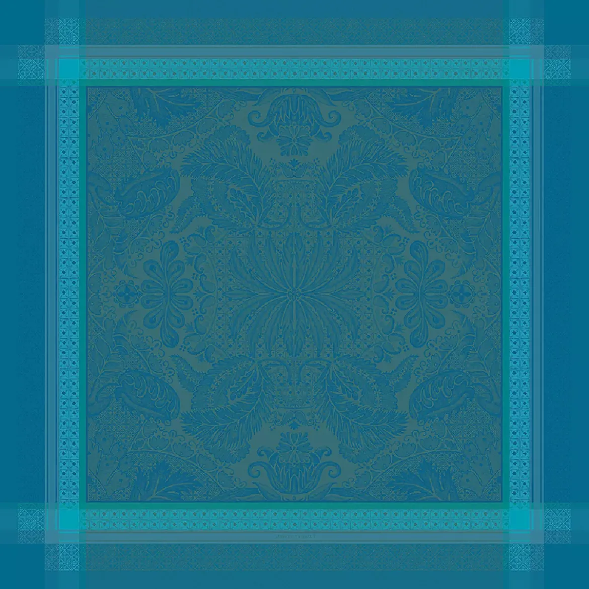 Nappe pur coton antitache motif jacquard bleu Isaphire emeraude