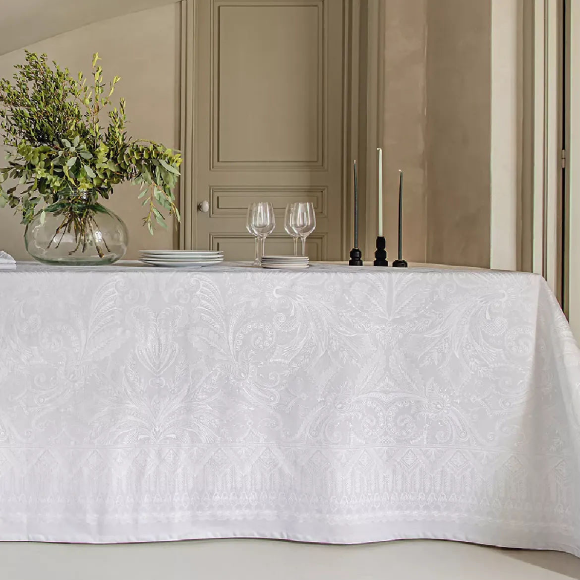 Nappe pur coton antitache motif jacquard gris Grace perle