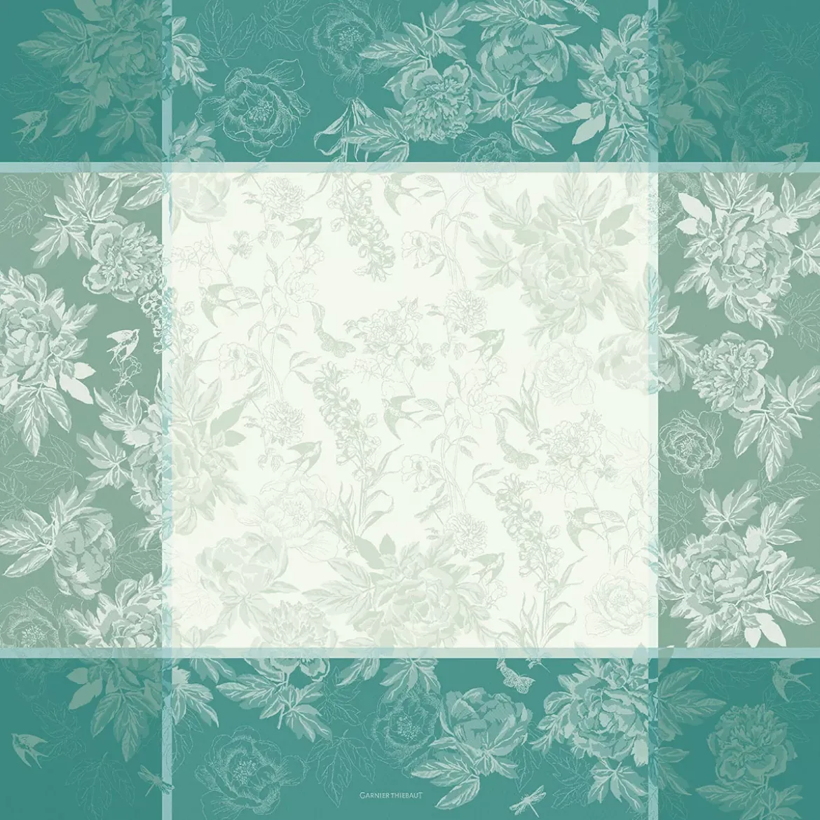 Nappe pur coton antitache motif jacquard vert Jardin de pivoines vert