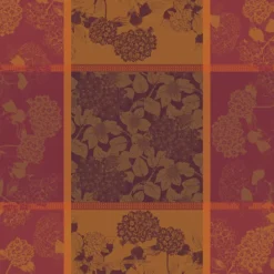 Nappe pur coton antitache motif jacquard bordeaux orange Hortensias rouille