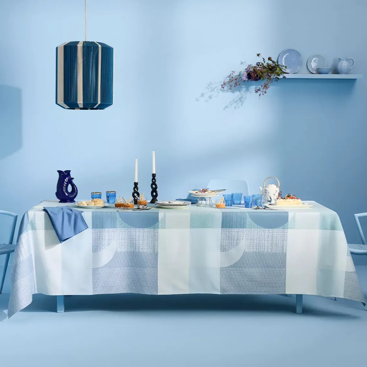 Nappe pur coton enduit 220 g/m² motif jacquard bleu vert Mille textures bleu