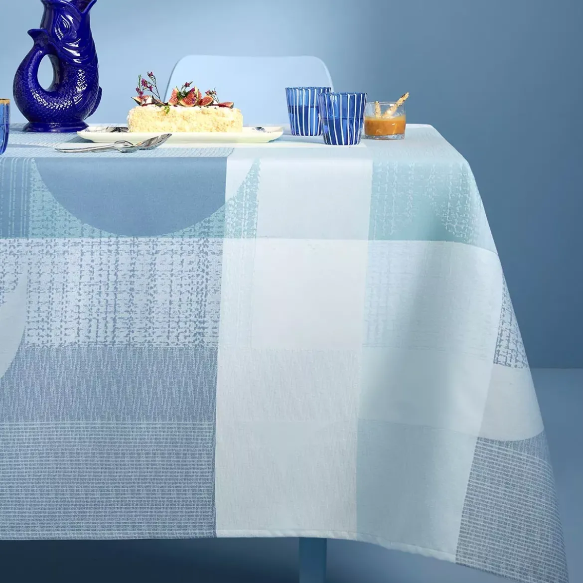 Nappe pur coton enduit 220 g/m² motif jacquard bleu vert Mille textures bleu