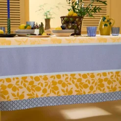 Nappe pur coton enduit 220 g/m² motif jacquard bleu jaune Mille citrons provence