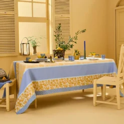 Nappe pur coton enduit 220 g/m² motif jacquard bleu jaune Mille citrons provence