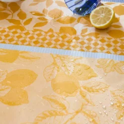 Nappe pur coton enduit 220 g/m² motif jacquard bleu jaune Mille citrons provence