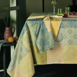 Nappe pur coton enduit motif jacquard jaune vert Mille parfums limoni